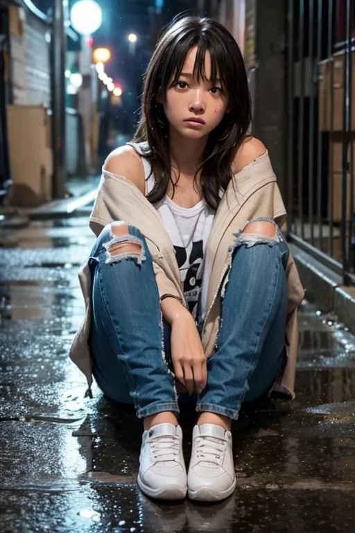 girl, sitting in the alley, Dirty and torn clothes, Sad face, Under the Rain, At night