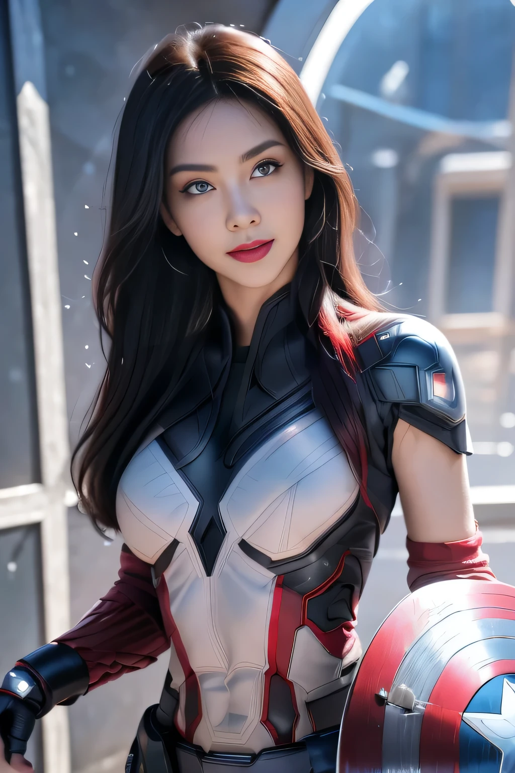 black hair, hair bobbles, wince, longeyelashes, solid circle eyes, light smile, ear blush, fang, Surrealism, drop shadow, anaglyph, stereogram, tachi-e, pov, atmospheric perspective, 8k, super detail, ccurate, best quality，（Captain America Shield：1.5）1 Girl, masterpiece, best quality, 8k, Delicate skin texture, Detailed fabric texture, Beautiful and delicate face, Intricate details, Super detailed, Black Widow imitating Captain America, red straight hair, Dynamic poses