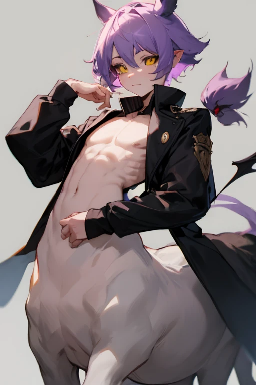 Male demon  Centaur、Black long sleeved outfit、stomach、Mauve Skin、Purple hair、Yellow Eyes、Black conjunctiva、Delicate face、Larger image