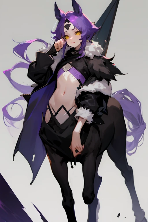 Male demon  Centaur、Black long sleeved outfit、stomach、Mauve Skin、Purple hair、Yellow Eyes、Black conjunctiva、Delicate face、Larger image