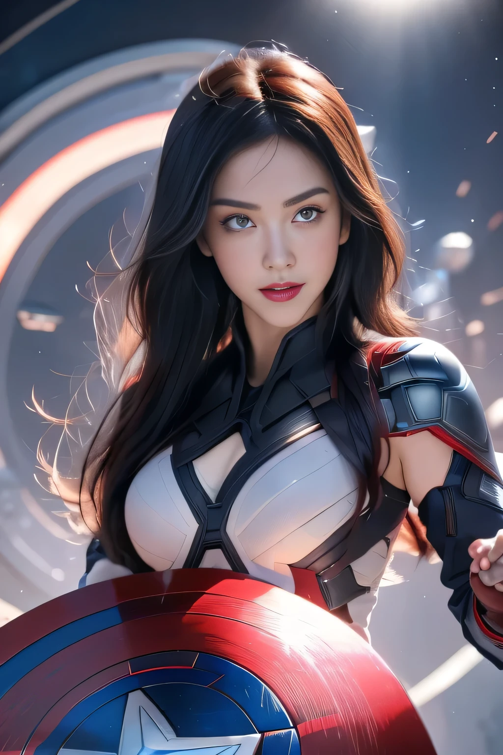 black hair, hair bobbles, wince, longeyelashes, solid circle eyes, light smile, ear blush, fang, Surrealism, drop shadow, anaglyph, stereogram, tachi-e, pov, atmospheric perspective, 8k, super detail, ccurate, best quality，（Captain America Shield：1.5）1 Girl, masterpiece, best quality, 8k, Delicate skin texture, Detailed fabric texture, Beautiful and delicate face, Intricate details, Super detailed, Black Widow imitating Captain America, red straight hair, Dynamic poses