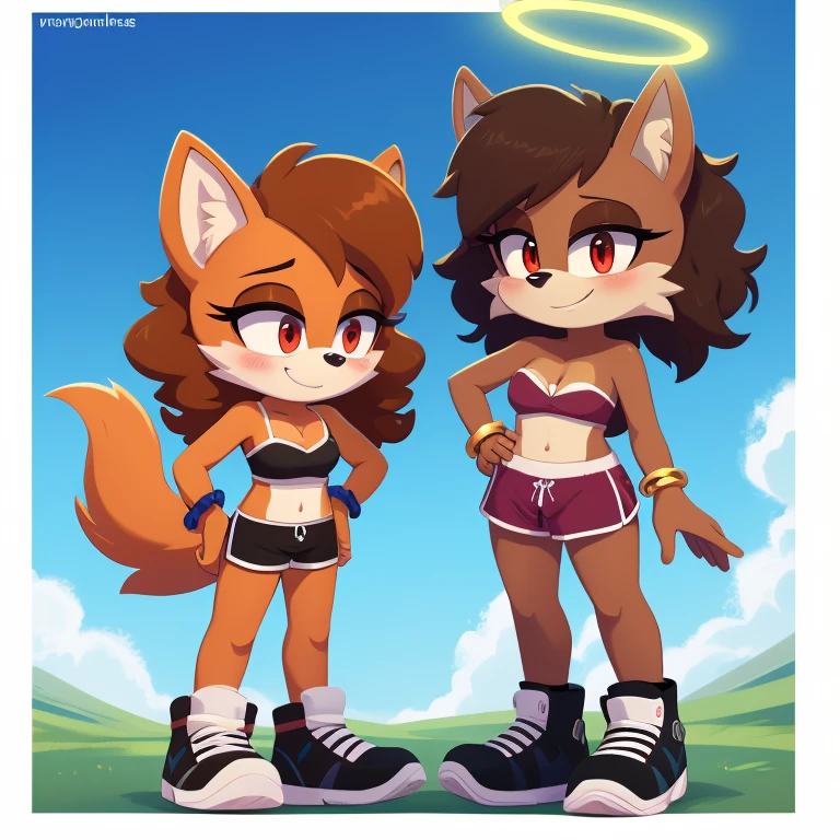 mobian, hedgehog, two-tone fur ((orange fur, brown fur)), sundress, high-top sneakers, cleavage, two-tone hair (brown hair, black tip)), curly hair, halo, sunglasses, jewelry, red eyes, longeyelashes, red eyes, smile, shy, blush, high detail, masterpiece, UHD, anatomically correct, super detail, highres, 4K
