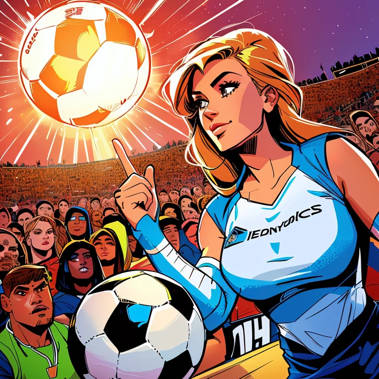 4k, comic babes, illustration of a woman holding a soccer ball in front of a crowd, inspired Director: Tim Doyle, Director: Tim Doyle, godesses, official fan art, at the World Cup, by Bencho Obreshkov, just a joke , in digital illustration style, epic color illustration, color digital illustration, art of alessandro pautasso, Fantastic art