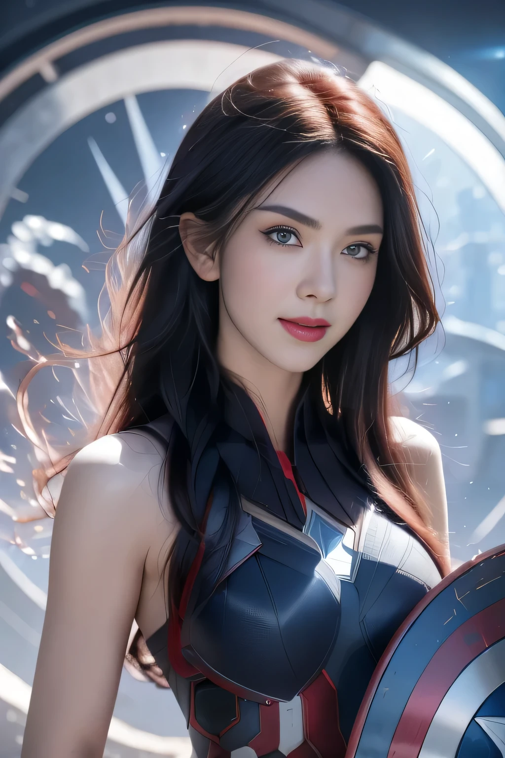 black hair, hair bobbles, wince, longeyelashes, solid circle eyes, light smile, ear blush, fang, Surrealism, drop shadow, anaglyph, stereogram, tachi-e, pov, atmospheric perspective, 8k, super detail, ccurate, best quality，（Captain America Shield：1.5）1 Girl, masterpiece, best quality, 8k, Delicate skin texture, Detailed fabric texture, Beautiful and delicate face, Intricate details, Super detailed, Black Widow imitating Captain America, red straight hair, Dynamic poses