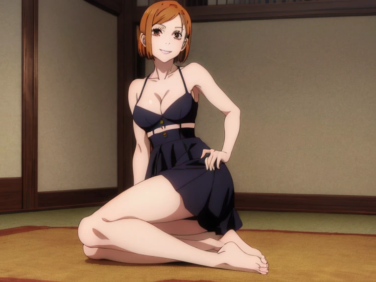 (masterpiece), (best quality), (ultra-detailed), (best illustration), (best shadow), (absurdres), nobarakugisakinova, short hair, orange hair, ((brown eyes)), kugisaki nobara, 1girl, solo, bangs, looking at viewer, full body, ((lingerie)), ((cleavage)), indoors, perfect body, ((perfect breasts)), Hourglass body, thin waist, very thin waist, medium breasts, sexy, (skinny), bare shoulders, bare collarbone, smile, (bare neck), (bare feet)