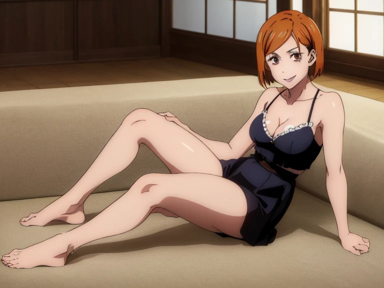 (masterpiece), (best quality), (ultra-detailed), (best illustration), (best shadow), (absurdres), nobarakugisakinova, short hair, orange hair, ((brown eyes)), kugisaki nobara, 1girl, solo, bangs, looking at viewer, full body, ((lingerie)), ((cleavage)), indoors, perfect body, ((perfect breasts)), Hourglass body, thin waist, very thin waist, medium breasts, sexy, (skinny), bare shoulders, bare collarbone, smile, (bare neck), (bare feet)