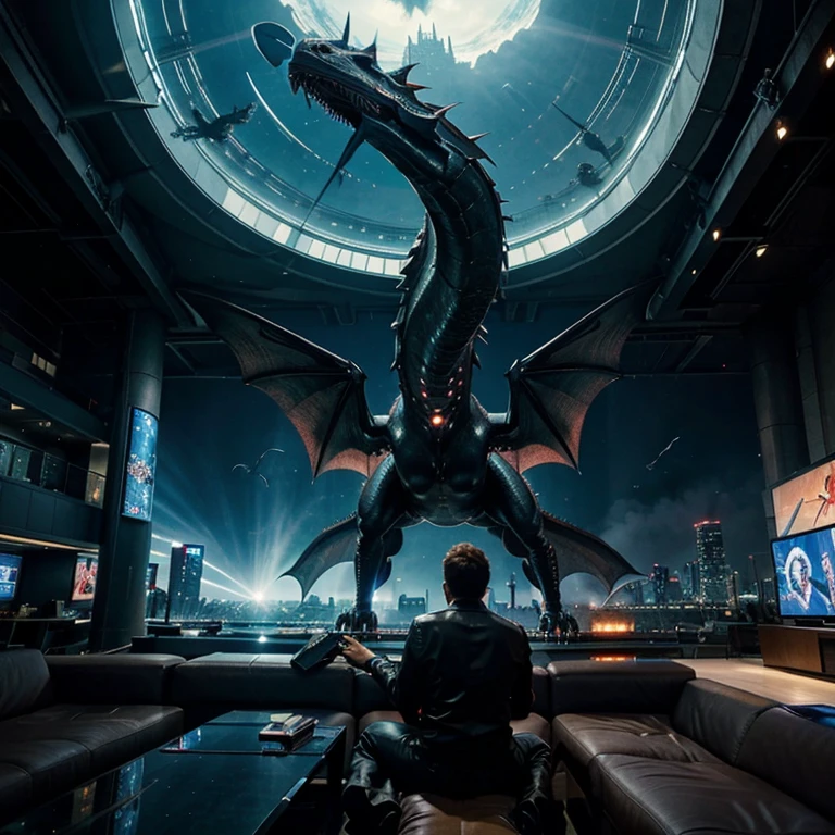 Cyber virtual city with dragons flying in the skies on television with a person sitting on the couch