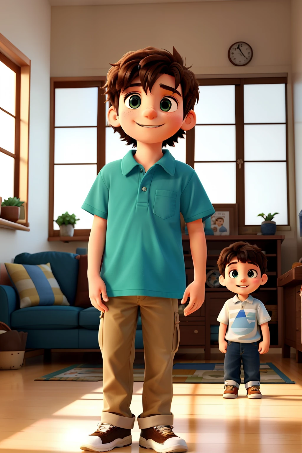 An autistic boy with hearing aids, named Ethan, aged 12, stands in the living room surrounded by his excited and curious cousins. Engel, a lively 11-year-old, Ethan's cousin, Esuary, a playful 9-year-old, and Elaia, a creative 5-year-old, all eagerly await his attention. The room is bathed in soft warm light filtering in from the large windows, creating a cozy and inviting ambiance. Ethan's gaze lingers upon the family members gathered around him, each one trying to catch his eye and command his focus. His cousins' laughter and chatters blend