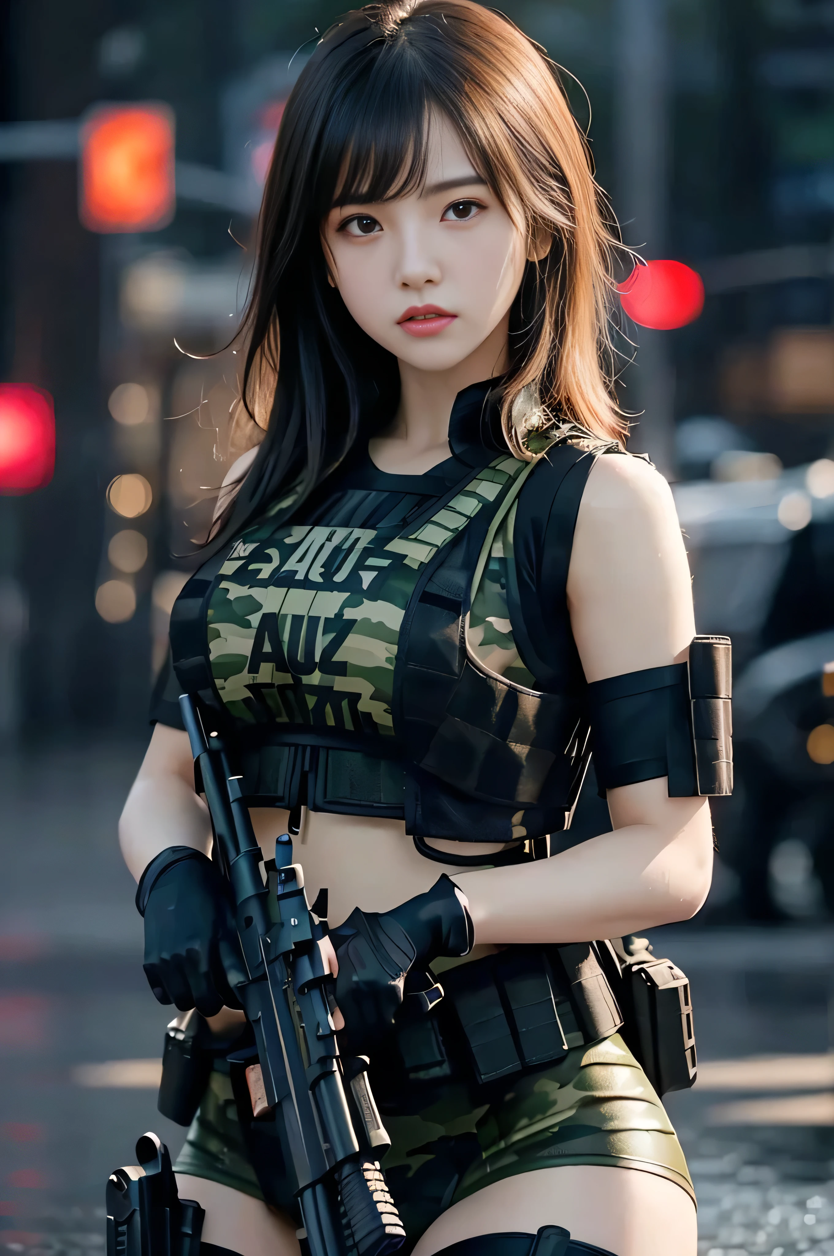 (RAW quality:1.4), ((Best Quality)), ((Mastepiece)), (DetailsDetails: 1.4), 。.。.。.。.。.。.。.。.。.。.。.。.。.。.。.。.。.。.。.。.。.。.。.。.。.。.。.。.。.。.。.。.。.。.。.。.。.。.。.。.。.。.。.。.。.3D, ((Square)), ((Close face))), Perfect Face, Perfect fingers, Perfect Body, Combat pose, ((Holding a gun:1.4)), beautiful cyberpunk female statue, 17 years old, ((Holding an AK-47 assault rifle in your hand:1.4)),  Sit down and hold your gun, (((High Detail Skin, Visible pores))), Abdominal muscles, Muscular arms, (Medium size: 1.3), Straight short hair, Black Ribbon, (Wear a bulletproof vest on bare skin:1.4), Cleavage, Side boo boo, (Camouflage pattern body paint:1.4), Bullet belt, Grenade, HK45 Handgun, (Firearms), Ticker (High Dynamic Range), Ray tracing, NVIDIA RTX, Super-resolution, Unreal 5, Subsurface Scattering, PBR Textures, Post-processing, Anisotropic Filtering, Depth of written boundary, Maximum sharpness and sharpness, Multi-layer textures, Albedo and Highlight Maps, Surface Shading, Accurate simulation of light and material interactions, Perfect proportions, Octane Render, Two-color light, Large Diameter, Low ISO, White balance, Three-part method, 8K live, Very heavy rain, Heavy Rain, Soaking wet, ruined city background, explosion, fire, Flaming, tank, Military Vehicles, Nervous, Side view, Upper body photo, Blurred Background,