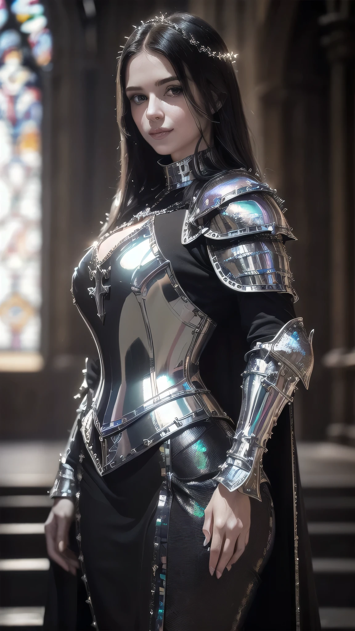 (masterpiece), (extremely intricate:1.3), (realistic), portrait woman (((medieval paladin, (((lacquered reflective iridescent black armor:1.7, cleric, holy symbol, chrome rivets, lethal)), photorealistic, hyper-realistic, [flat chest:medium breasts:0.8], smiling, wind blown blowing straight long [dark hair:ginger hair:0.5]), tattoo:0.9)), indoor, stained glass, medieval church, intense sunlight, professional photograph of a stunning woman detailed), ((dynamic pose)), sharp focus, dramatic, award winning, cinematic lighting, volumetrics dtx, (film grain, blurry background, blurry foreground, bokeh, depth of field, interaction), 8K