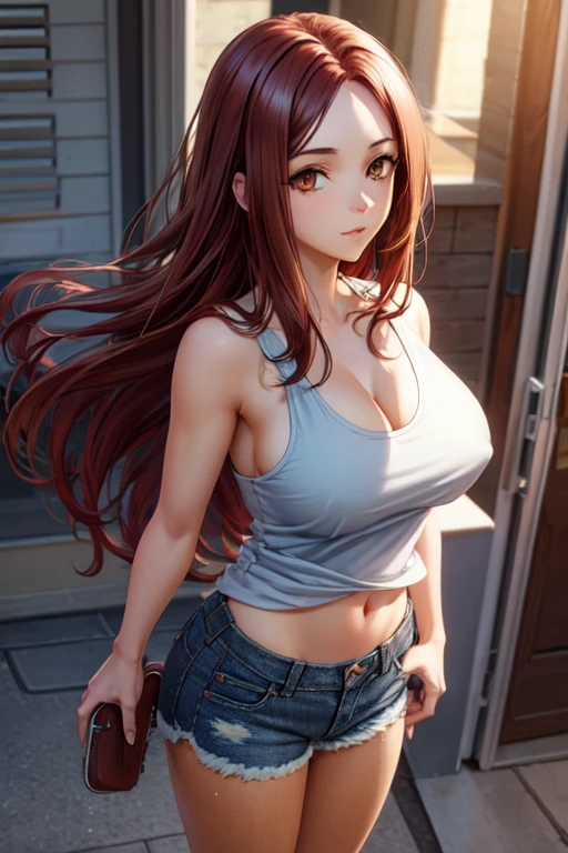 (masterpiece:1.5),(best quality:1.5),(high resolution:1.5),(8k:1,5),(perfect face:1.5),(beautiful detailed eyes:1.5),(Cowboy Shot:1.5) ,(extremely detailed face:1.5),(perfect lighting:1.5),(extremely detailed CG:1.5), (perfect hands:1.5),(perfect anatomy:1.5),,(perfect body:1.5),(perfect hands:1.5),(perfect fingers:1.5),(full body:1.3),,(1woman:1.3),(megami magazine:1.3),pale skin,(fighter:1.5),Naegleria nebilosus, (Brown eyes:1.5), (dark red long hair:1.5),(large breasts:1.4),(large ass:1.5),(white Tank top:1.3),(very shorts blue chuck denim:1.5),(open denim chuck:1.5),break indoors,(looking at viewer:1.3),(Turn your body to the front:1.3),nsfw,(tank top erect nipples:1.2),