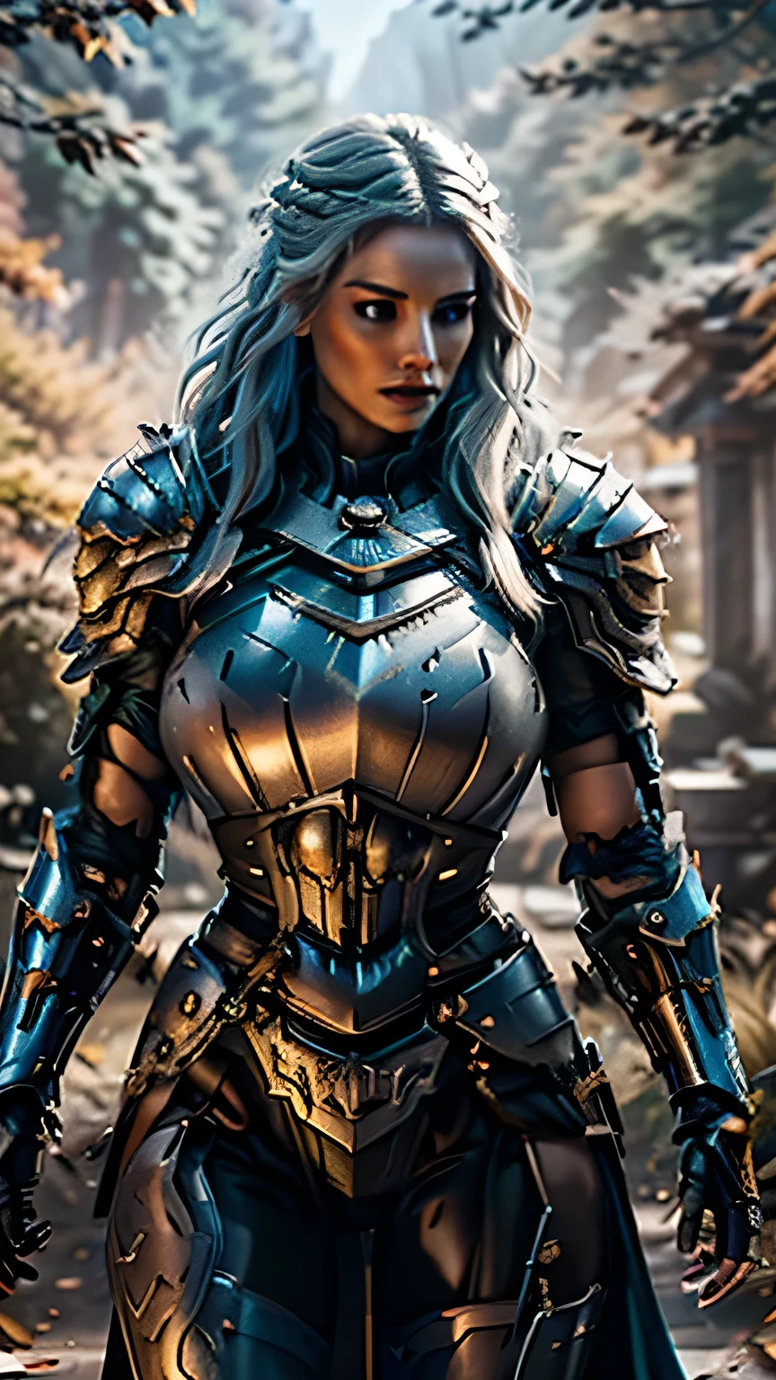 8K,asgard female warrior with very big breasts,Super beautiful(like the real thing),black very large chest armor,realistic skin,luxury black pants,Has a large, long black spear,sexy,muscular slim body,ripped abs,black shoulder armor,black waist armor,black leg armor,desert, rich colors, Backlight, cinematic lighting, film grain, RAW, 50mm lens,nikon D850,ultra high resolution,Super realistic,goddess,battle scene,action scene,action pose,shine a light on the face, long wavy blue hair, the Witcher, the Witcher armor, yennefer, running in the forest