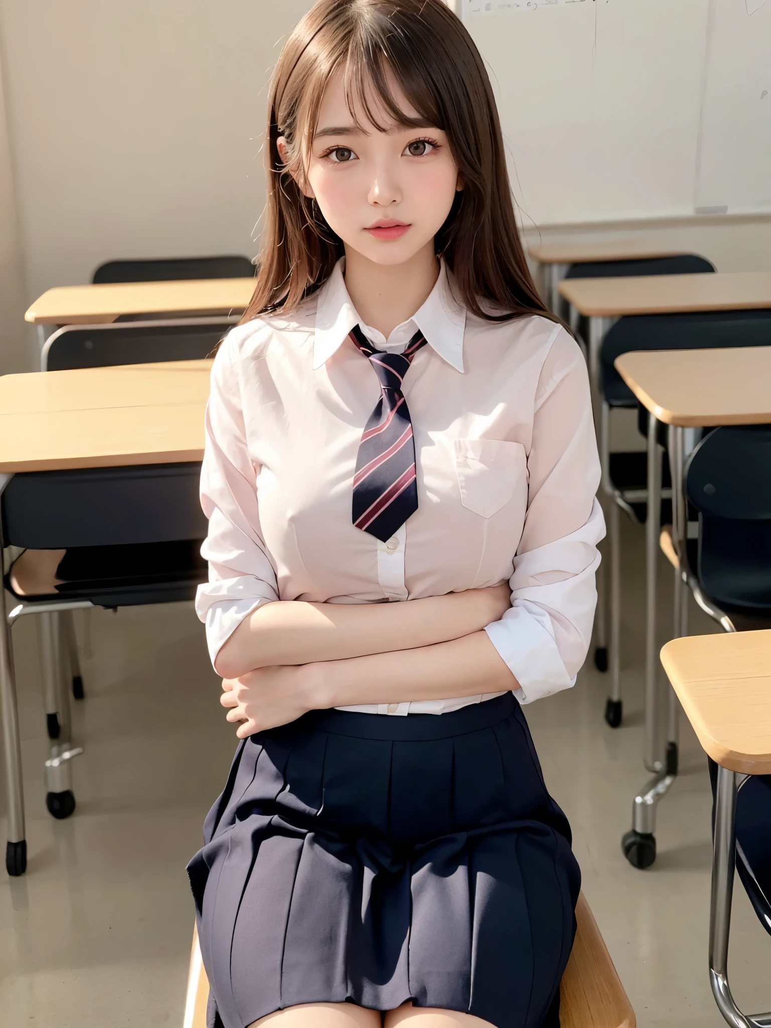 (Showing off panties:1.2), (Professional portrait, Realistic and perfectly shaped subjects:1.3), (masterpiece, highest quality:1.2), (Realistic, Ultra-realistic, Realistic:1.3), (ultra High resolution), High resolution, Intricate details, Super detailed, (Highly detailed CG, unity 8k wallpaper:1.3), Clear image,
break
(1 Japanese girl, ), (cute, Slender figure), (Perfect Anatomy, Correct limbs:1.2), (Perfect hands), Perfect Arms, Beautiful and delicate face down to the last detail, Beautiful and delicate eye and eye highlights, (Very thin and delicate、not too long lashes), (Captivating eyes, Beautifully detailed eyes and face), light makeup, Pink Lip, Lip gloss, Stylish face, (Shiny skin, Realistic skin detail), Brown Hair, medium chest
break
((school uniform)), (High school girl), (Black socks), shirt open
break
classroom, Sitting in a chair, (Cowboy Shot), break
(((blush:1.4))), ((Embarrassing:1.4)), (((shy:1.5)))
break
from side:1.4,
break
(Arms hugging your chest gently:1.1)