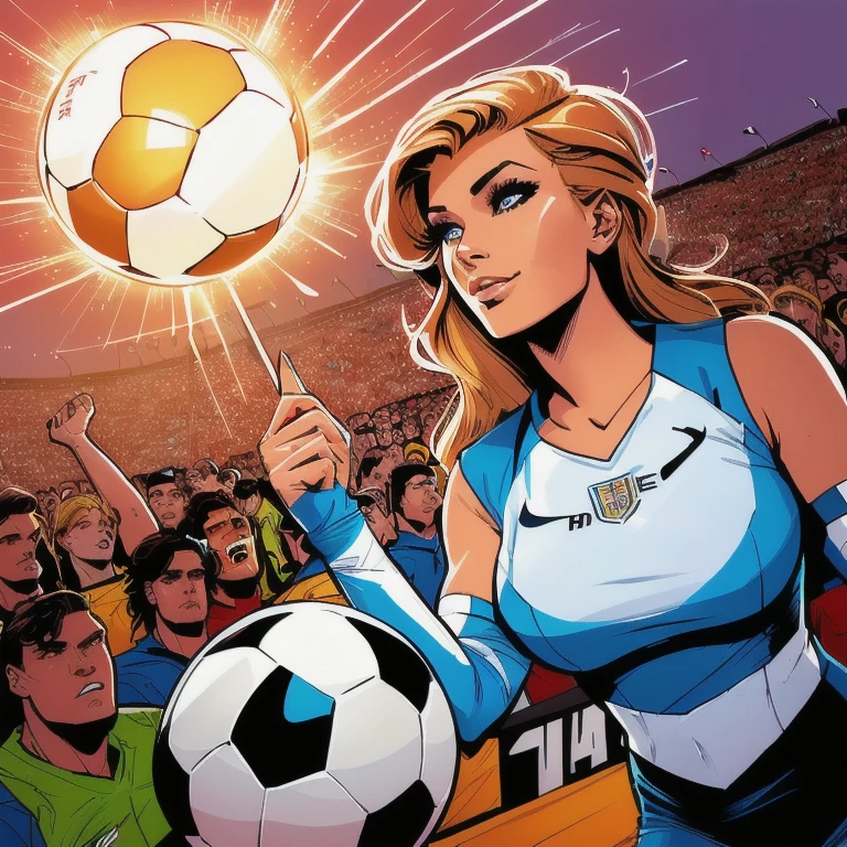 4k, comic babes, illustration of a woman holding a soccer ball in front of a crowd, inspired Director: Tim Doyle, Director: Tim Doyle, godesses, official fan art, at the World Cup, by Bencho Obreshkov, just a joke , in digital illustration style, epic color illustration, color digital illustration, art of alessandro pautasso, Fantastic art