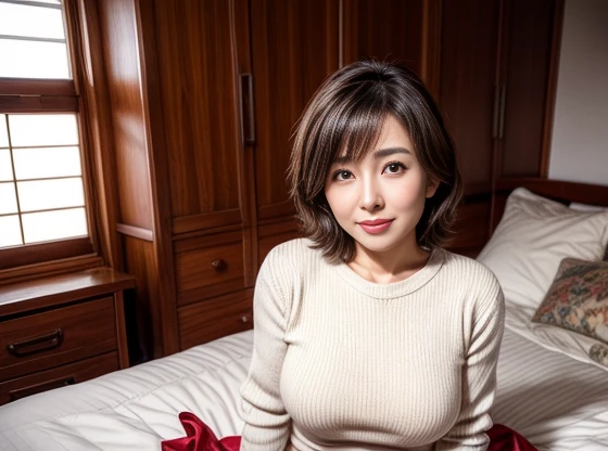 40 year old mature woman、Japanese-style room、sitting on the bed、Japanese women、short hair、Full Body Shot、Sex Appeal, sexy,Fine skin、Star Piece、Beautiful breasts High quality、Perfect Sentence、so beautiful、High resolution face、Apply light makeup、Beautiful ass high quality、Glowing Beautiful Skin、Glowing Beautiful Skin step piece、Transparent beauty、Goddess of Eros、Realistic、Looking at the camera、Whitening skin、Beautifully colored knitwear、sexyな下着、Beautiful hip line、Large Breasts、Short skirt