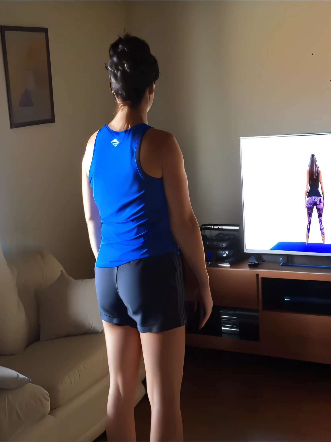 woman in blue tank top and black shorts standing in front of a television, view from the back, back pose, toned derriere, sport bra and dark blue shorts, long shot from the back, seen from the back, wearing fitness gear, distant full body view, from the back, distant full body shot, view from behind, side view of her taking steps