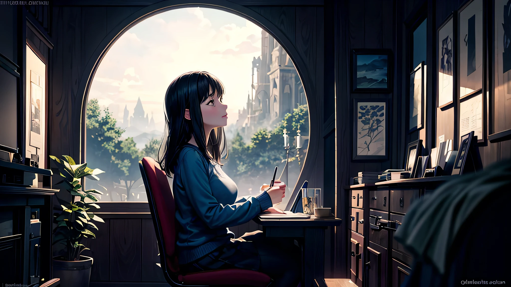 Singular light, alone, woman, face seen from the side, sideways, cosmic, fantsy, looking away:1.4, adult, busty, Ghibli-like design, living room, sitting, dark hair, studying, Completely, landscape orientation, side view, backwards,