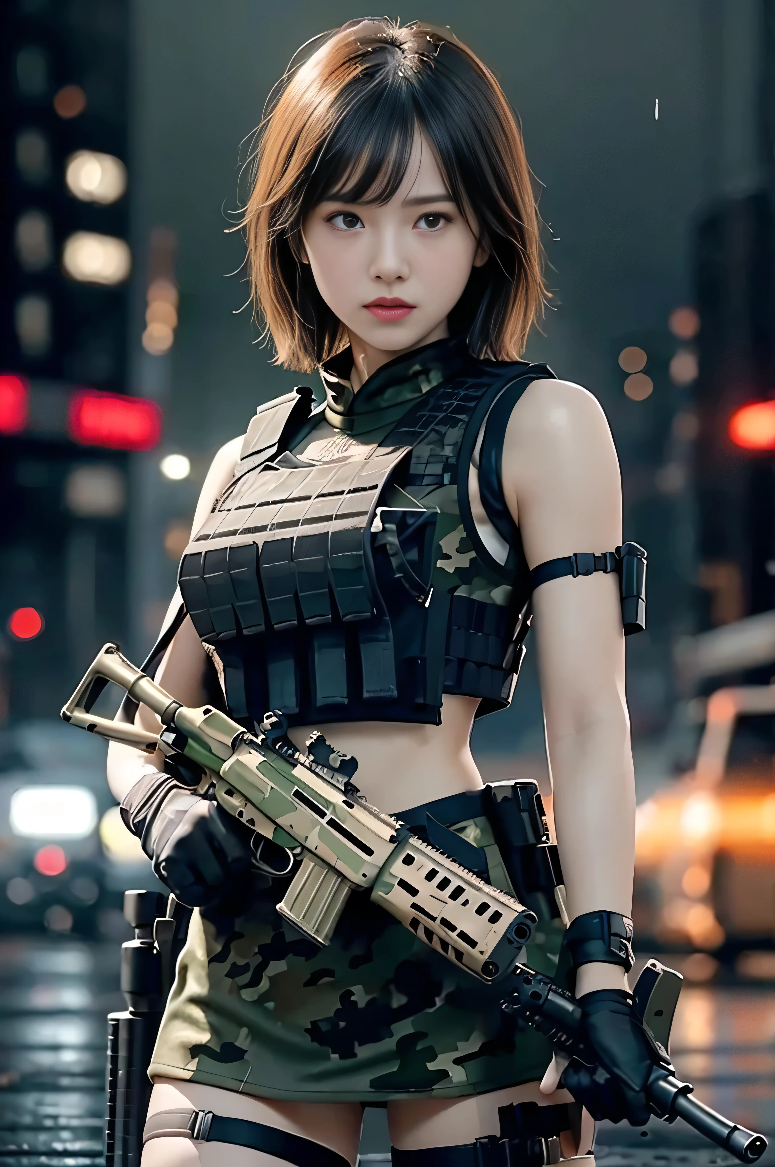 (RAW quality:1.4), ((Best Quality)), ((Mastepiece)), (DetailsDetails: 1.4), 。.。.。.。.。.。.。.。.。.。.。.。.。.。.。.。.。.。.。.。.。.。.。.。.。.。.。.。.。.。.。.。.。.。.。.。.。.。.。.。.。.。.。.。.。.3D, ((Square)), ((Close face))), Perfect Face, Perfect fingers, Perfect Body, Combat pose, ((Holding a gun:1.4)), beautiful cyberpunk female statue, , ((Holding an AK-47 assault rifle in your hand:1.4)), Sit down and hold your gun, (((High Detail Skin, Visible pores))), Abdominal muscles, Muscular arms, (Medium size: 1.3), Straight short hair, Black Ribbon, (Wear a bulletproof vest on bare skin:1.4), Cleavage, Side boo boo, (Camouflage pattern body paint:1.4), Bullet belt, Grenade, HK45 Handgun, (Firearms), Ticker (High Dynamic Range), Ray tracing, NVIDIA RTX, Super-resolution, Unreal 5, Subsurface Scattering, PBR Textures, Post-processing, Anisotropic Filtering, Depth of written boundary, Maximum sharpness and sharpness, Multi-layer textures, Albedo and Highlight Maps, Surface Shading, Accurate simulation of light and material interactions, Perfect proportions, Octane Render, Two-color light, Large Diameter, Low ISO, White balance, Three-part method, 8K live, Very heavy rain, Heavy Rain, Soaking wet, ruined city background, explosion, fire, Flaming, tank, Military Vehicles, Nervous, Side view, Upper body photo, Blurred Background,