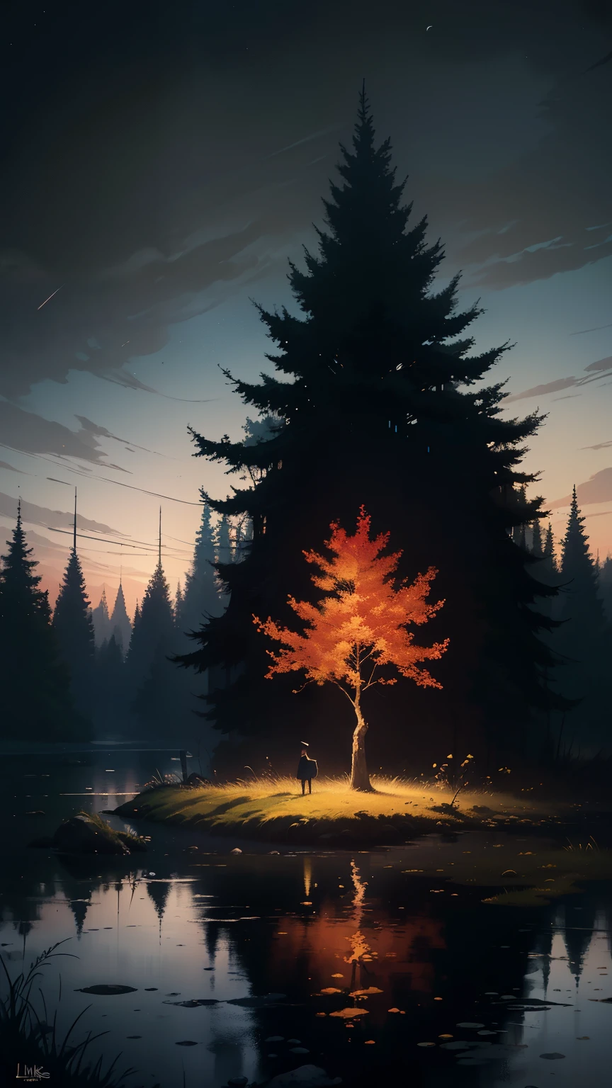 ((best quality)), ((masterpiece)), (detailed), (4K resolution), (high definition), (meticulous detail), (vibrant colour), (HD quality), linquivera, Ink illustration, (anime:0.5), brown tones, aged black red paper, inkpunk, moonlight,surreal, a ghost standing on a boat in swampy wetlands, (at a distance), Will-o'-the-wisp, moonlit, lonely, solitude, windy, tall trees, willows, willowy, OverallDetail, extremely detailed, UHD,(long exposure , dystopian but extremely beautiful:1.4),