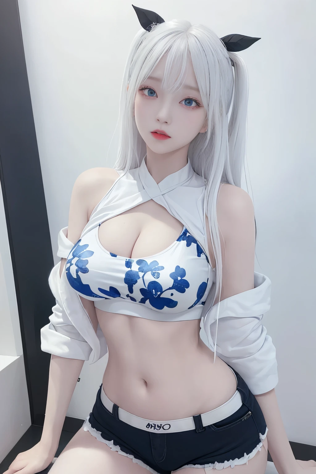 photorealistic, high resolution, 1 girl, white hair, korean, blue eyes, print white sexy shirt, print  skimpy tight black shorts, thick thighs, print crop top sexy