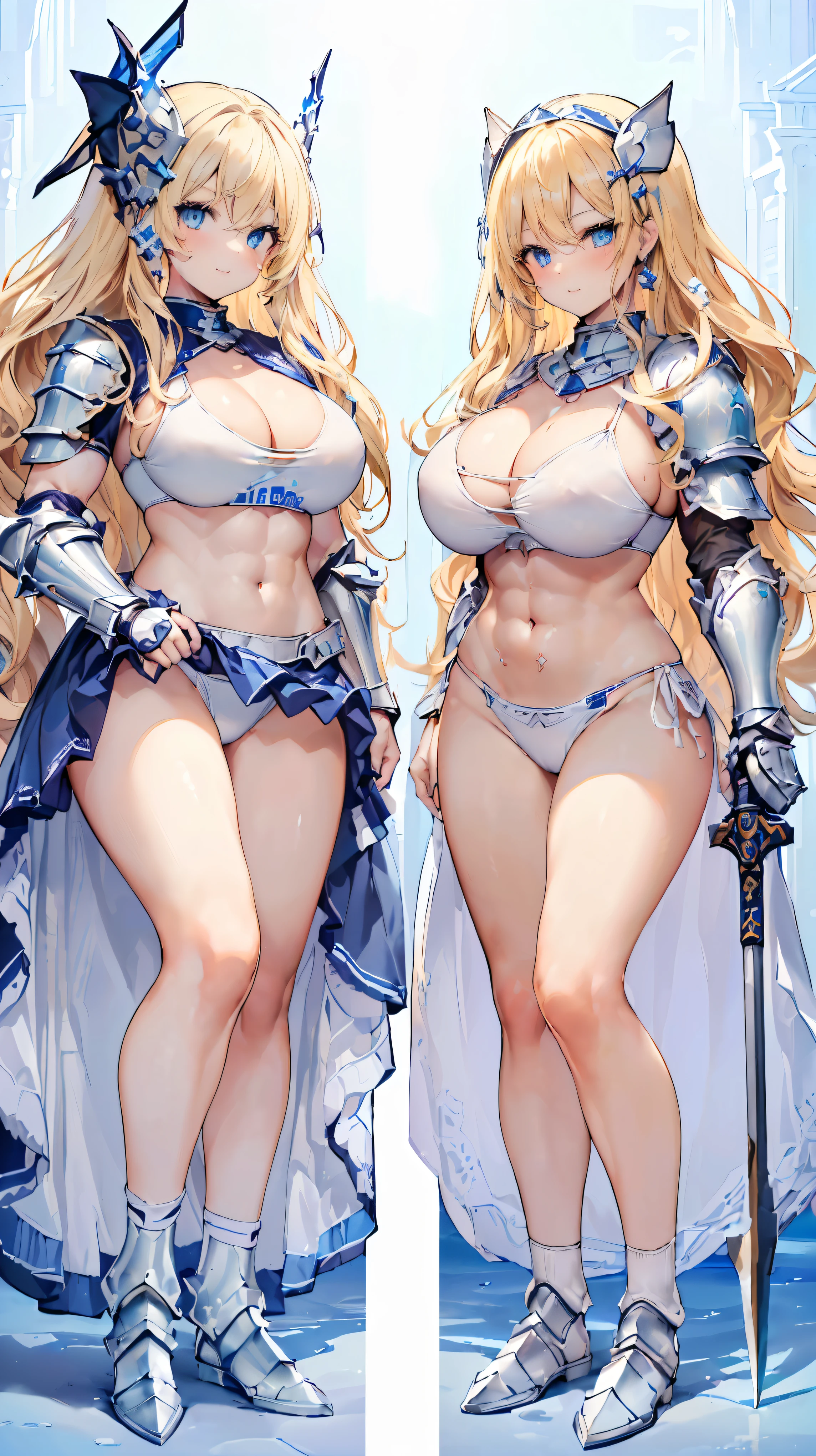 Very detailed、highest quality、(Best image quality:1.5)、(masterpiece:1.5)、8k、(Two women side by side:1.5)、Anime Face、A kind smile、Open Mouth、(Beautiful bright blue eyes:1.5)、(Blonde wavy hair:1.5)、(Muscles of the whole body:1.5)、Thigh belt、(Wearing white bikini armor:1.5)、(Cowboy Shot:1.6)、Wearing a helmet、(Holding a battle axe:1.5)、Warm lighting