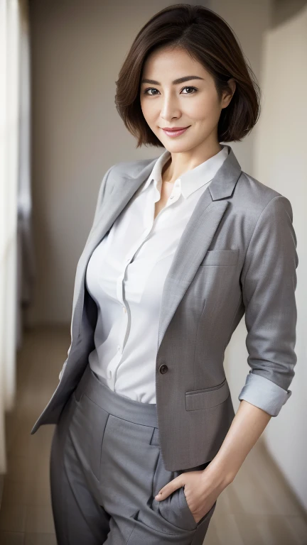 (highest quality,8k,masterpiece),
日本人Mature Woman,40 years,Mature Woman,Pure white skin, ((Full body photography:0.85))、
Full breasts、 ((White collared blouse))、((Grey tailored jacket))、Grey pantsuit、Brown medium wave、
,A gentle smile、A gaze that seduces viewers、In-house offices、