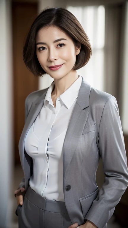 (highest quality,8k,masterpiece),
日本人Mature Woman,40 years,Mature Woman,Pure white skin, ((Full body photography:0.85))、
Full breasts、 ((White collared blouse))、((Grey tailored jacket))、Grey pantsuit、Brown medium wave、
,A gentle smile、A gaze that seduces viewers、In-house offices、