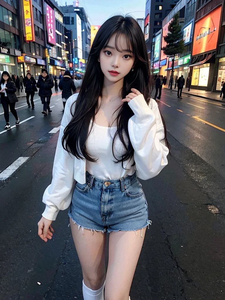 highest quality, masterpiece, shape, Realistic, photo-Realistic, wonderful, finely, Very detailed, High resolution, Very detailed, unity 8k wallpaper, Full body shot of a beautiful young woman with Korean-style features resembling a popular actress, office suite, Knee-high socks, ((Very small breasts)), thin, She has pink and bluish eyeshadow, bangs, Black Hair, Long Hair, head, look up, night, On the streets of Shibuya, Stand up and look here, Narrow eyes, 細長い目のshape, Three white eyes, Confident expression, Evil look, Very slender and beautiful legs, Beautiful and thin thighs, Earrings