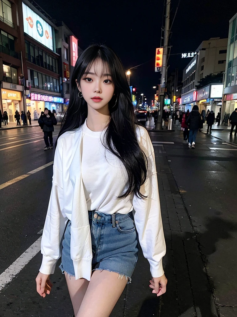 highest quality, masterpiece, shape, Realistic, photo-Realistic, wonderful, finely, Very detailed, High resolution, Very detailed, unity 8k wallpaper, Full body shot of a beautiful young woman with Korean-style features resembling a popular actress, office suite, Knee-high socks, ((Very small breasts)), thin, She has pink and bluish eyeshadow, bangs, Black Hair, Long Hair, head, look up, night, On the streets of Shibuya, Stand up and look here, Narrow eyes, 細長い目のshape, Three white eyes, Confident expression, Evil look, Very slender and beautiful legs, Beautiful and thin thighs, Earrings