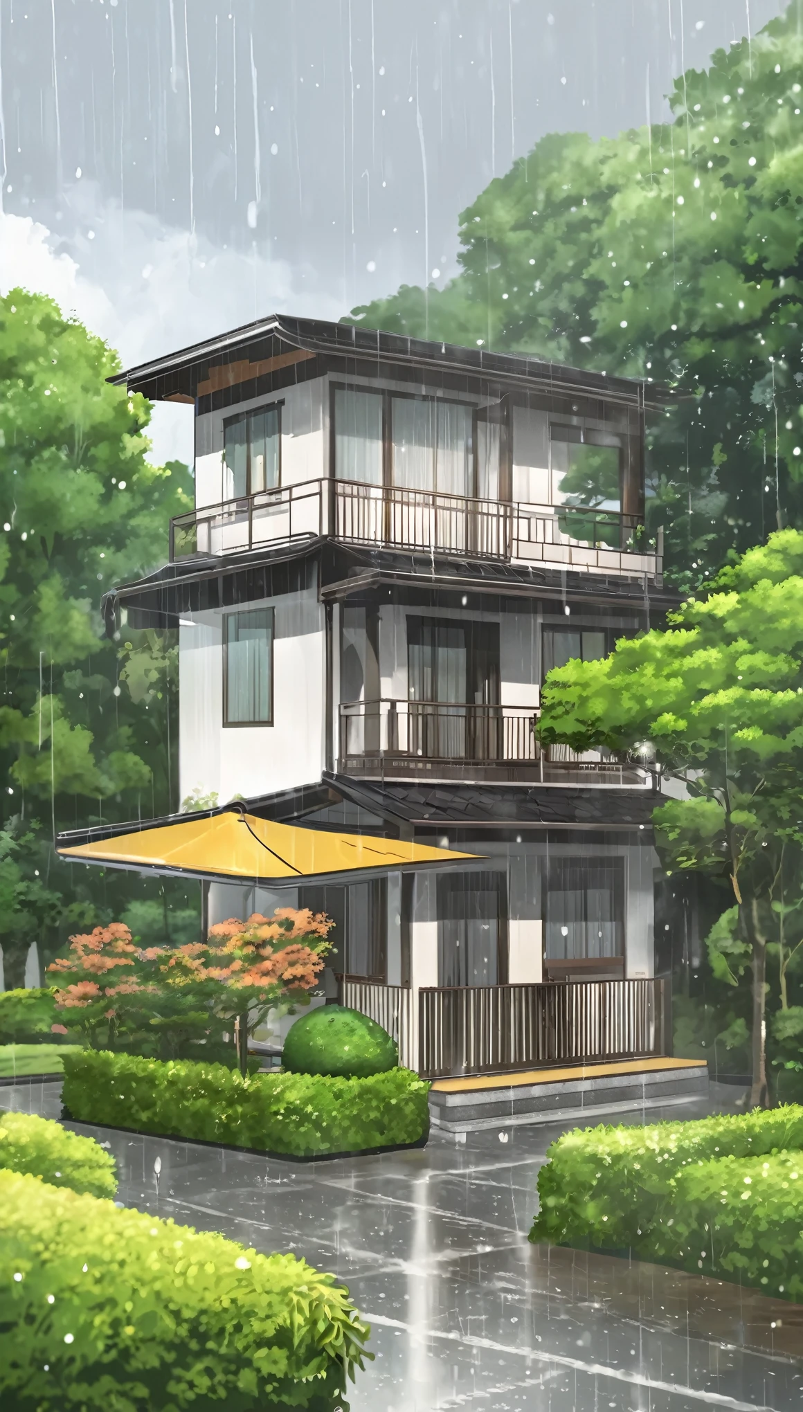 A beautiful single house, rainy season illustration 