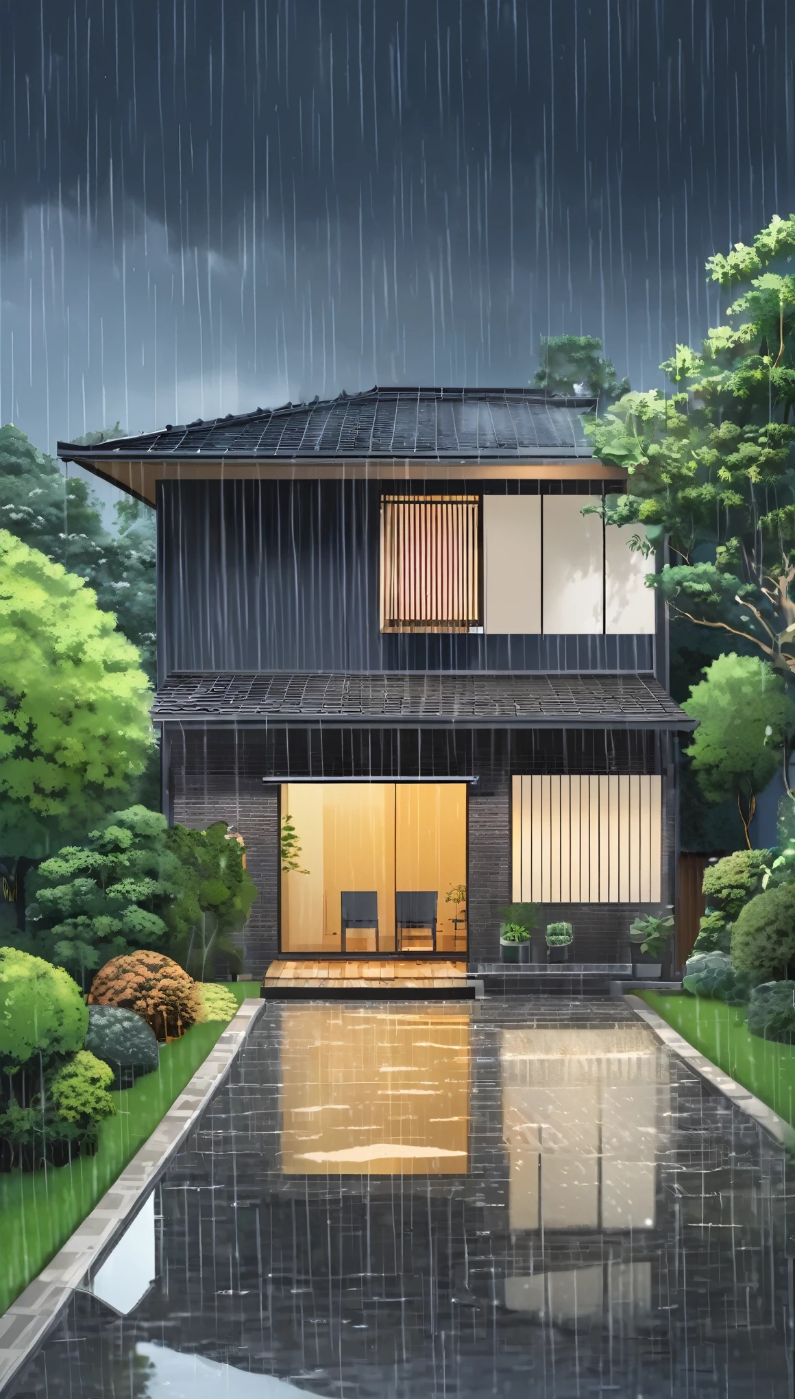 A beautiful single house, rainy season illustration 