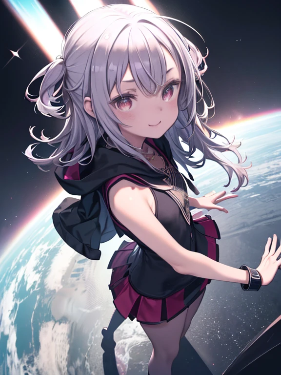 最high quality、Best image quality、masterpiece、girl((18-year-old、 By becoming、Best Bust、Medium Bust,Tea that opened my chest wide、Red glowing eyes,Silver Hair、Disheveled Hair、Long Hair、thin,Highest valley、Open chest、Illuminated Wristbands、smile、hair ornaments、Glowing necklace、Black sleeveless hoodie(1:2)、Blue short skirt、Angle from directly above、Disheveled clothing、Show your whole body,Low Angle)),high quality、Beautiful art、background((Cosmic))、Flight、flying debris、Written boundary depth、movie、Visual Arts、Perfect art、8k,Genuine、