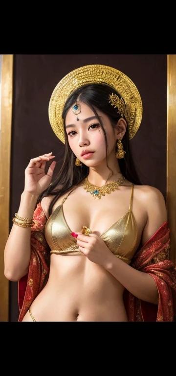 Detailed face of a  Thai girl with expressive brown eyes and full lips, she&#39;straight, Dark brown hair that flows down to the shoulders.. she is adorned with gold jewels, Comes with a beautiful gold headband, sheの外見に王室の優雅さを加える. A girl stands in front of a grand Hindu temple in Thailand, Wearing gold patterned clothing, A see-through micro bikini that accentuates her large breasts, Ample breasts, sheの若さ々Emphasizing new charm and vitality. goddess, sheの大きな, Rich curves and a captivating presence, she is performing a graceful dance in front of the statue...,