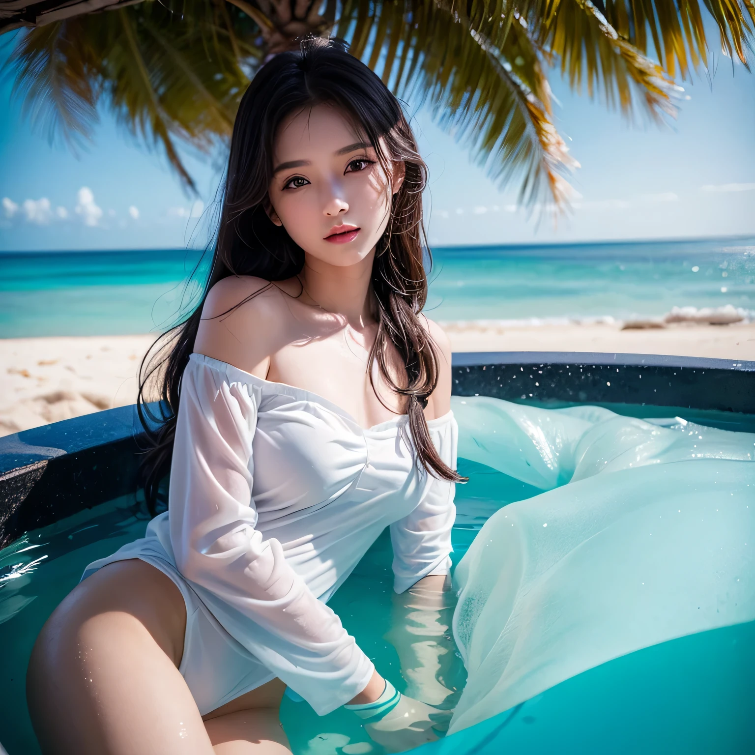 a sweet girl in strapless long sleeve shirt chill out in the bathtub full with water and ice , hot weather , at noon , on the beach under the tree , cinematic shot , ocean background , mood and tone , light and shadow , realistic , 4k