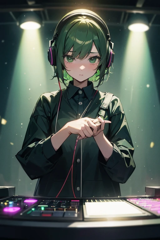 anime, DJ Girl, DJ, DJ girl, Headphones, Highly rated, (Best image quality),masterpiece,highest quality,extremely detailed CG wallpaper, Ultra_detailed,(Cinema Lighting:1.1), (Cold Face), Green Eyes, One Girl, alone, Dark Green_hair, short_hair, masterpiece, highest quality, Lots of strobe lights flashing、The light from the mirror ball shines on her、She enjoys music。