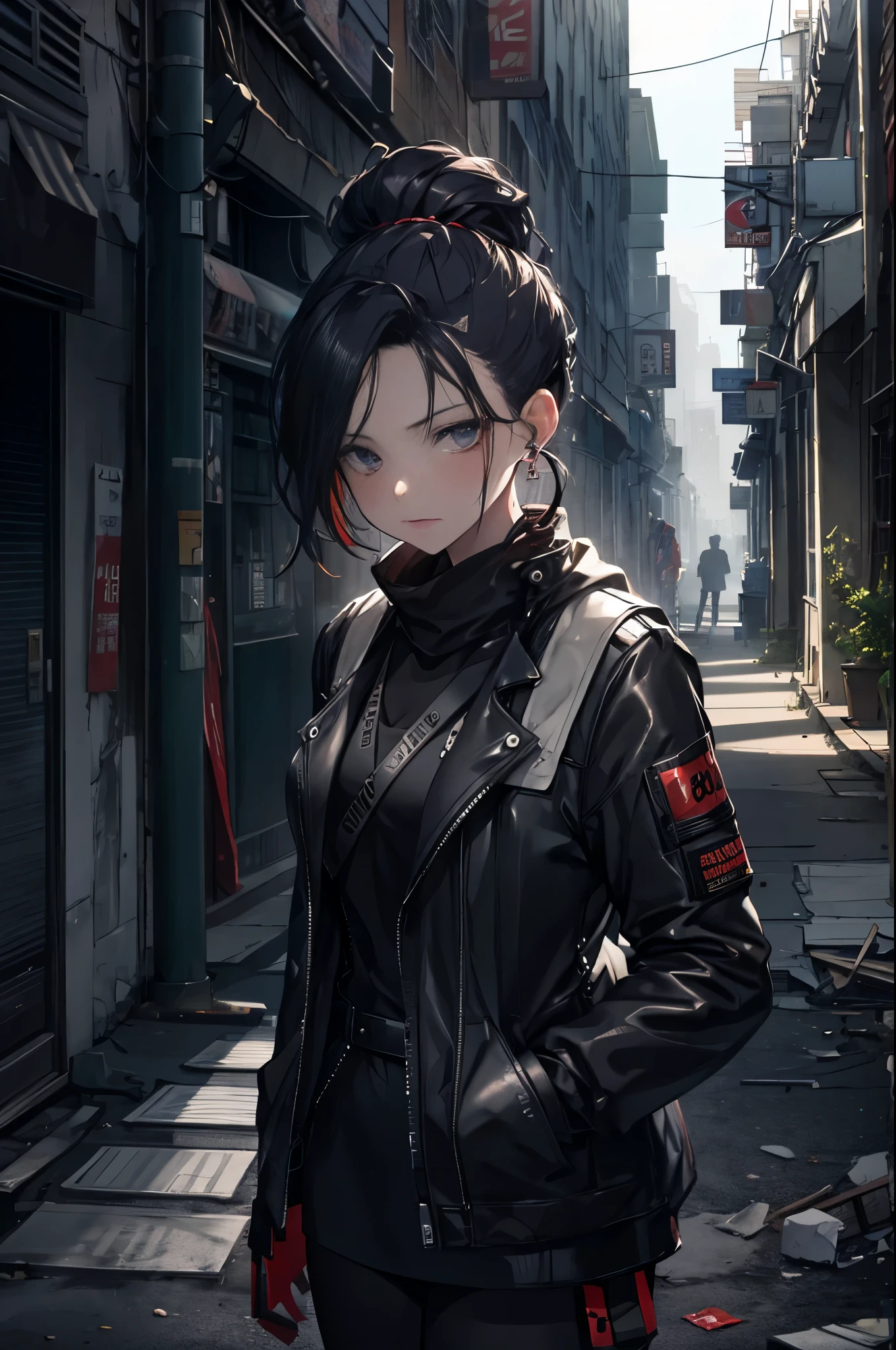 A young woman with a rebellious style, punk-style clothing, an apocalyptic scenery, a mohawk hairstyle, highly detailed, high quality, masterpiece:1.2, HD, ultra-detailed, realistic:1.37, vibrant and vivid colors, sharp focus, studio lighting, physically-based rendering, extreme detail description, post-apocalyptic landscape, graffiti-covered walls, dilapidated buildings, debris-strewn streets, ruins of a city, dramatic clouds in the sky, intense and dynamic lighting, punk accessories, pierced nose and ears, tattoos on her arms, edgy and defiant expression.