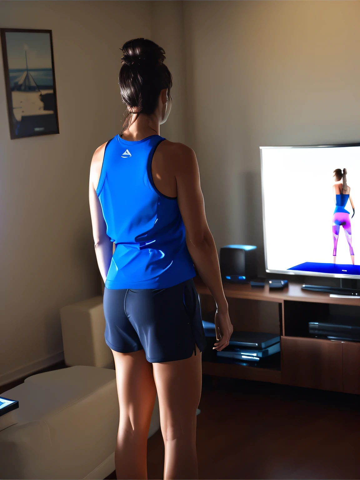 woman in blue tank top and black shorts standing in front of a television, view from the back, back pose, toned derriere, sport bra and dark blue shorts, long shot from the back, seen from the back, wearing fitness gear, distant full body view, from the back, distant full body shot, view from behind, side view of her taking steps