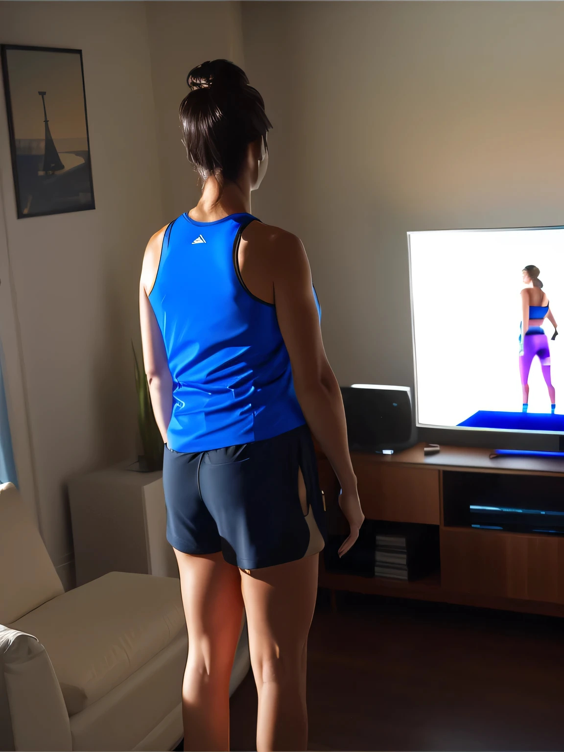 woman in blue tank top and black shorts standing in front of a television, view from the back, back pose, toned derriere, sport bra and dark blue shorts, long shot from the back, seen from the back, wearing fitness gear, distant full body view, from the back, distant full body shot, view from behind, side view of her taking steps