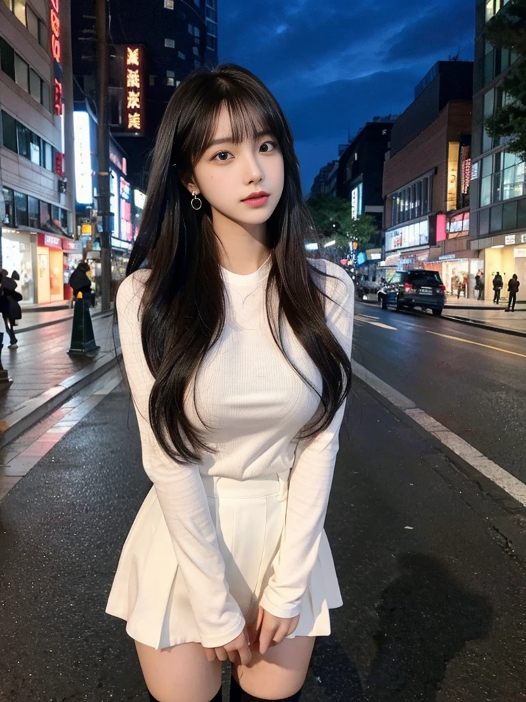 highest quality, masterpiece, shape, Realistic, photo-Realistic, wonderful, finely, Very detailed, High resolution, Very detailed, unity 8k wallpaper, Full body shot of a beautiful young woman with Korean-style features resembling a popular actress, blouse, Knee-high socks, ((Very small breasts)), thin, She has pink and bluish eyeshadow, bangs, Black Hair, Long Hair, head, look up, night, On the streets of Shibuya, Stand up and look here, Narrow eyes, 細長い目のshape, Three white eyes, Confident expression, Evil look, Very slender and beautiful legs, Beautiful and thin thighs, Earrings