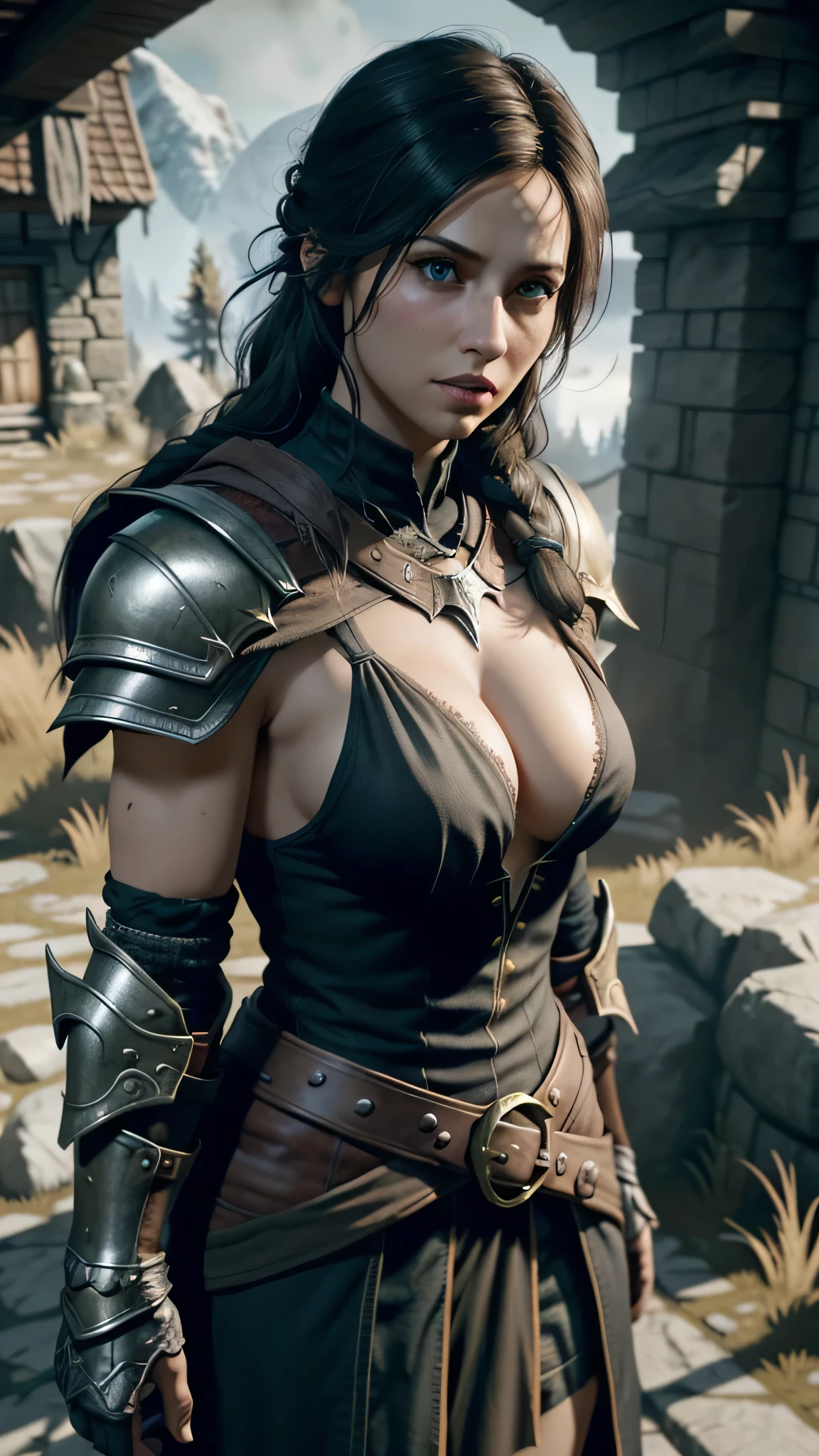 girl, solo, realistic, breasts, armor, long_hair, black_hair, cleavage, lips, medium_breasts, brown_eyes, shoulder_armor, upper_body, looks at the viewer, iron armor Skyrim, Skyrim game, dragonborn, small horns, (Nordic race, Nordic face), Unreal Engine v.5, RealDream v.14,