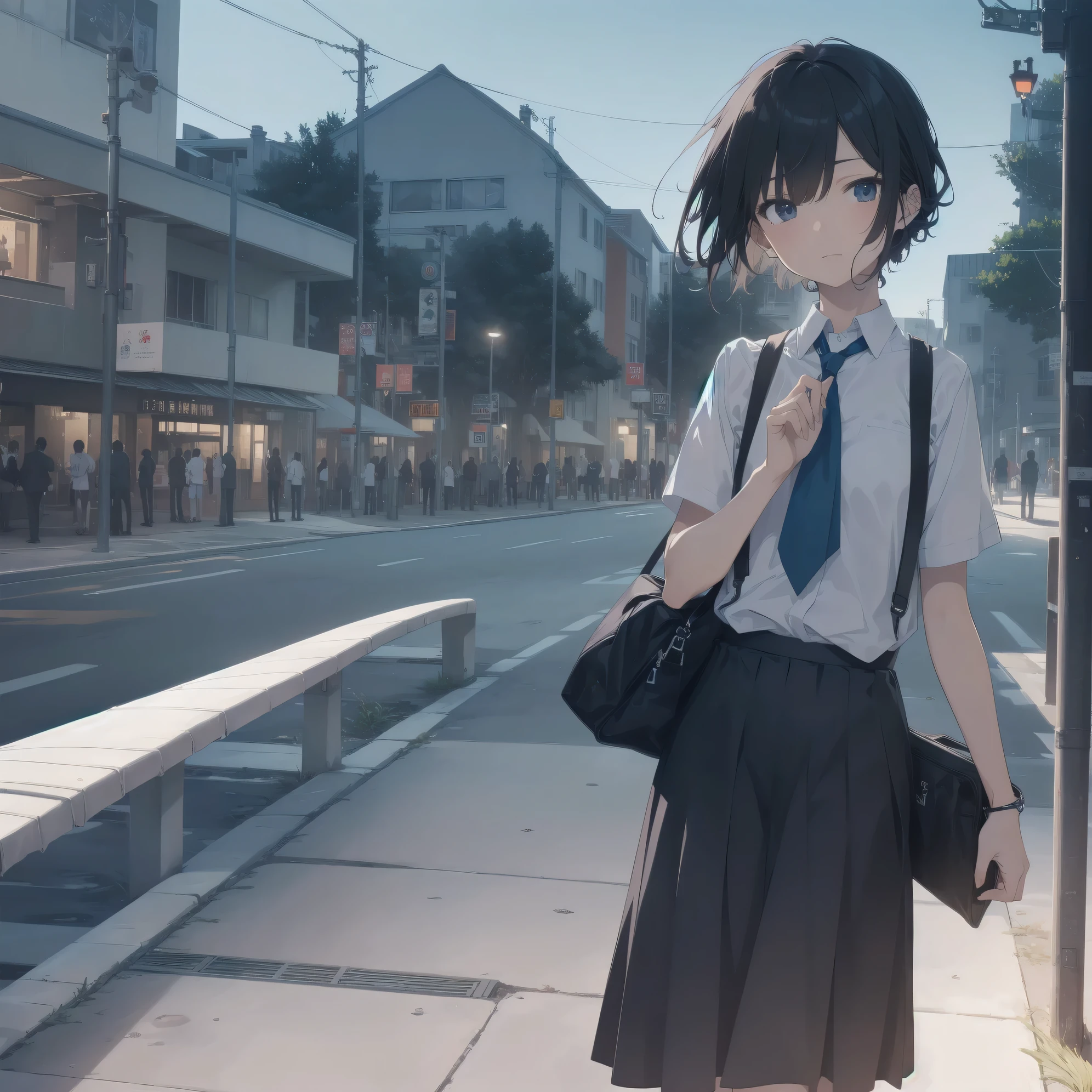 ultra-absurdres-Top quality by artist God, ultra-detailed, high resolution, anime moe artstyle, best anime 8k konachan wallpaper, pixiv contest winner, pool:2810, perfect anatomy,break, 1girl, (Please draw a girl walking sleepily to school alone. )break,(Solo,little female, 13-year-old:1.3),Full limbs, complete fingers,a junior high school student,  (very short hair), short cut, flat chest, , small butt, small black eyes, beautiful detailed eyes, well-proportioned iris and pupils, expressive eyes, highres detailed hair, soft expression, school_uniform, neckerchief, collared shirt.  pleated skirt,(Detailed Lighting), (Detailed background), in the School commute route. break,super detailed skin, Best cinematic lighting powered by famous artist, 8k,beauty illustration,photoshop_(medium),very aesthetic,break,((artist:ningen mame )), artist:bolze ,artist:oyari ashito ,artist:kantoku ,