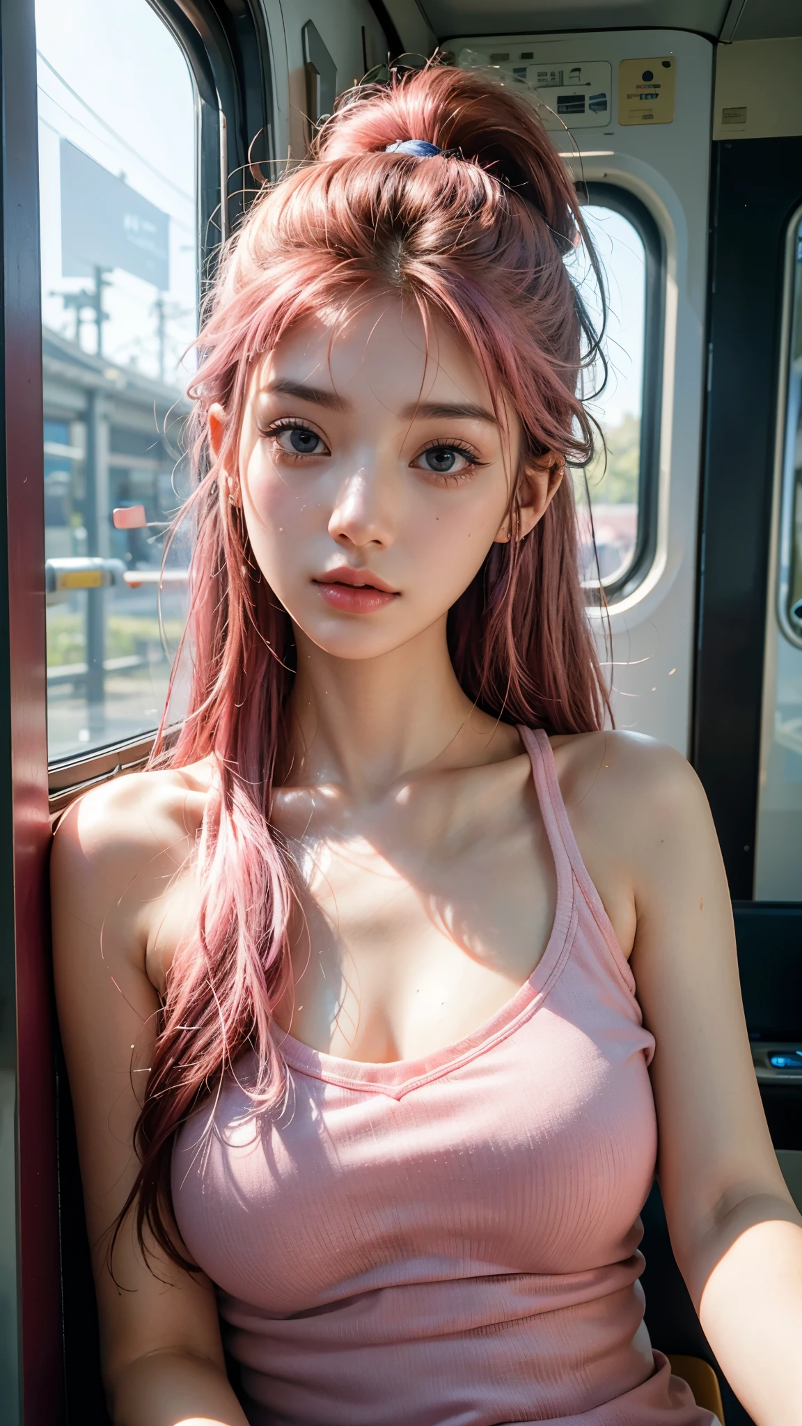 highest quality, masterpiece, Ultra-high resolution, (Realistic:1.4), (Close-up portrait) RAW Photos, 1 girl,20-year-old,((Inside the Shinkansen)),((Wireless Earphones)),((Nose Piercing)),,((Passionate pink haired gal's make-up)),((High Fashion)),Messy Hair,((Cap Chestnut)),((Bangs short)),Realistic,Picture Media Chest)),((Smiling with teeth showing)),((Big smile))