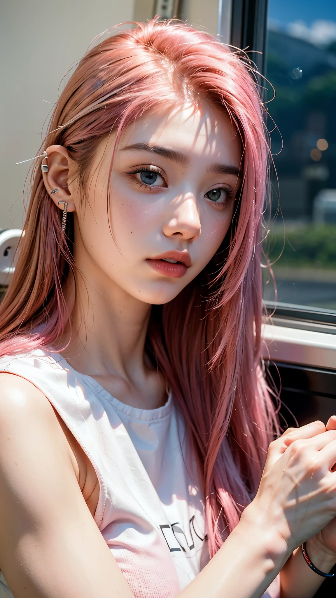 highest quality, masterpiece, Ultra-high resolution, (Realistic:1.4), (Close-up portrait) RAW Photos, 1 girl,20-year-old,((Inside the Shinkansen)),((Wireless Earphones)),((Nose Piercing)),,((Passionate pink haired gal&#39;s make-up)),((High Fashion)),Messy Hair,((Cap Chestnut)),((Bangs short)),Realistic,Picture Media Chest)),((Smiling with teeth showing)),((Big smile))