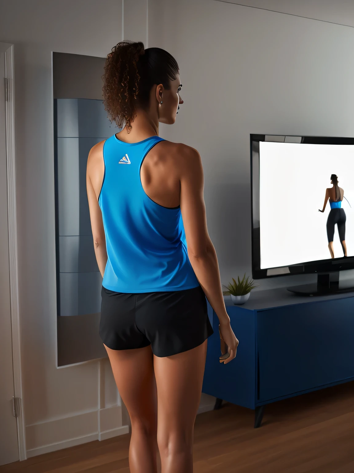 woman in blue tank top and black shorts standing in front of a television, view from the back, back pose, toned derriere, sport bra and dark blue shorts, long shot from the back, seen from the back, wearing fitness gear, distant full body view, from the back, distant full body shot, view from behind, side view of her taking steps