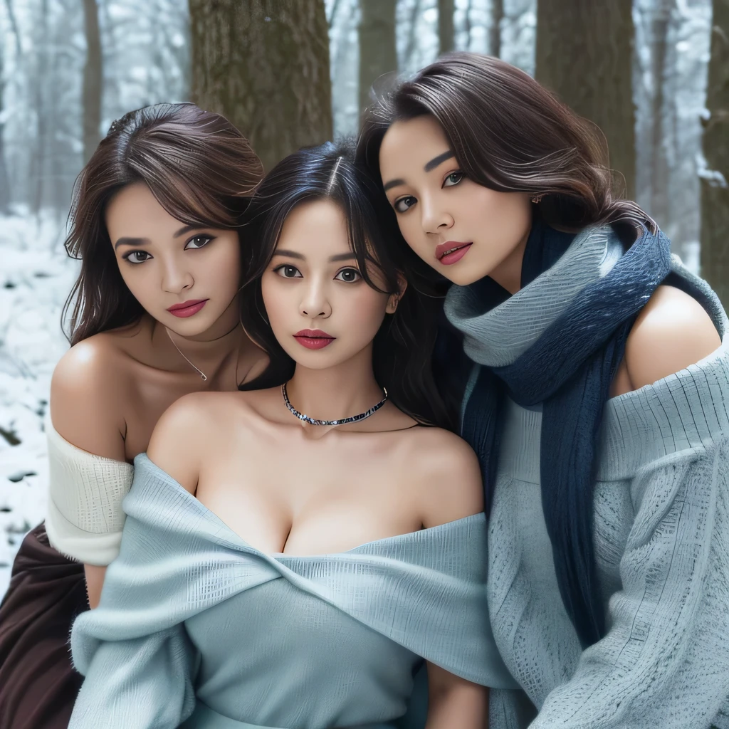 off shoulder, (3 womans) , deep cleavage, wild hair, steel collar, wrapped in dirty rags, frost forest, frozen