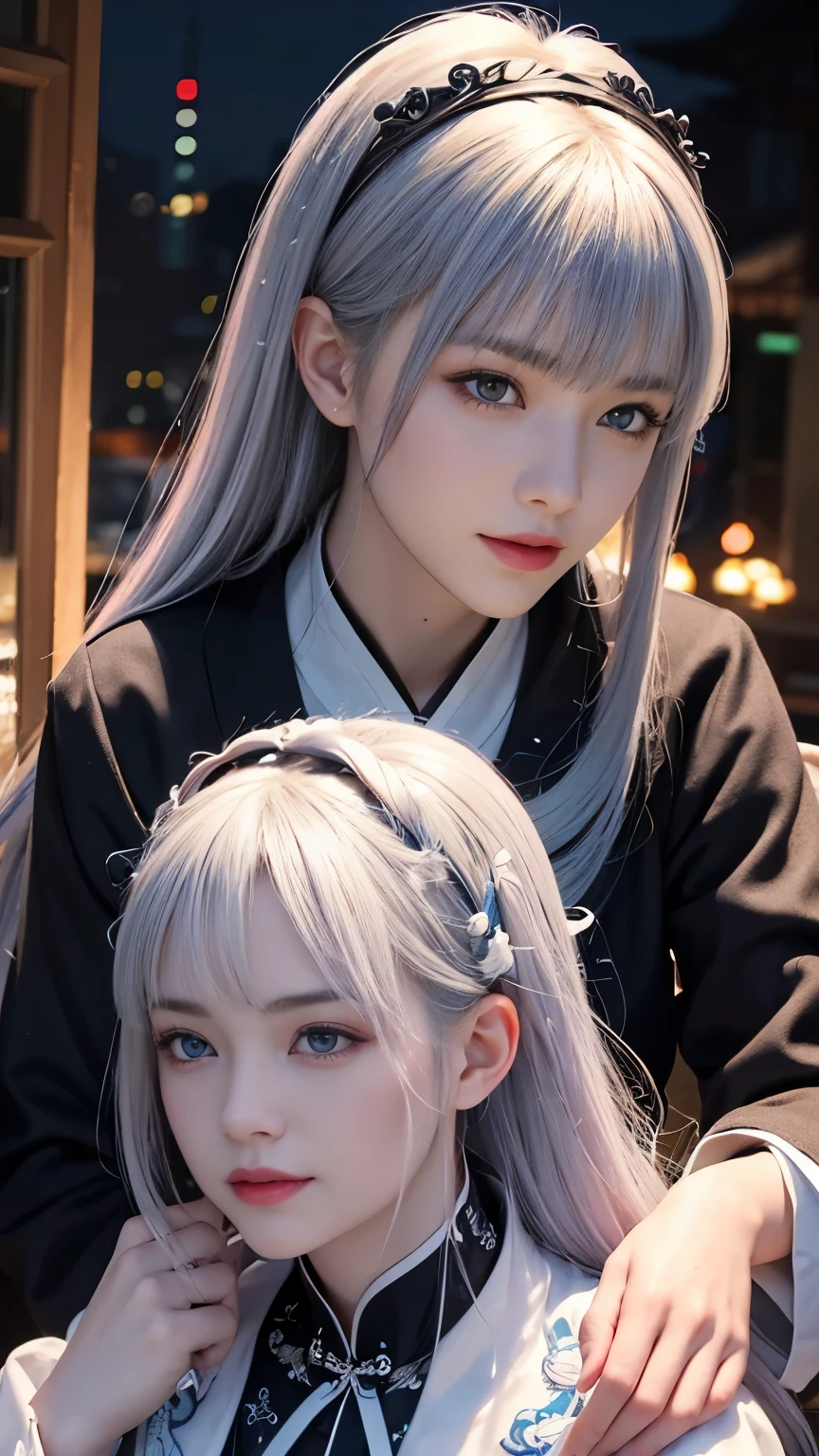 masterpiece, wonderful, (CG illustration)、night, Outdoor, Wet day, branch, Chinese style, ancient China, ((2 women)), Mature Woman, Blue and white hair color, Gray Blue Eyes, Pale pink lips, Indifference, 真swordさ, bangs, Assassin, sword, White clothes, Blood, Blood, ????????, die, Injury, Blood, Facial Blood, Facial details, Facial details、realism:1.3、Realistic:1.3、Photorealistic:1.3))、超A high resolution、(Portrait)、Surreal、Super detailedな、Ultra-compactな、Sci-Fi Taste、  (night中に), Neon Light, (Rainbow Hair),  Blurred Background,  hair ornaments, Side Lock、(highest quality、Highest quality、Highest Resolution、Super detailed、Ultra-compact、Octane Rendering、SLR、High Resolution、RAW Photos、Realistic textured face and skin),Dynamic Pose、Dynamic Action、High angle shot、smile、Staring at me、
