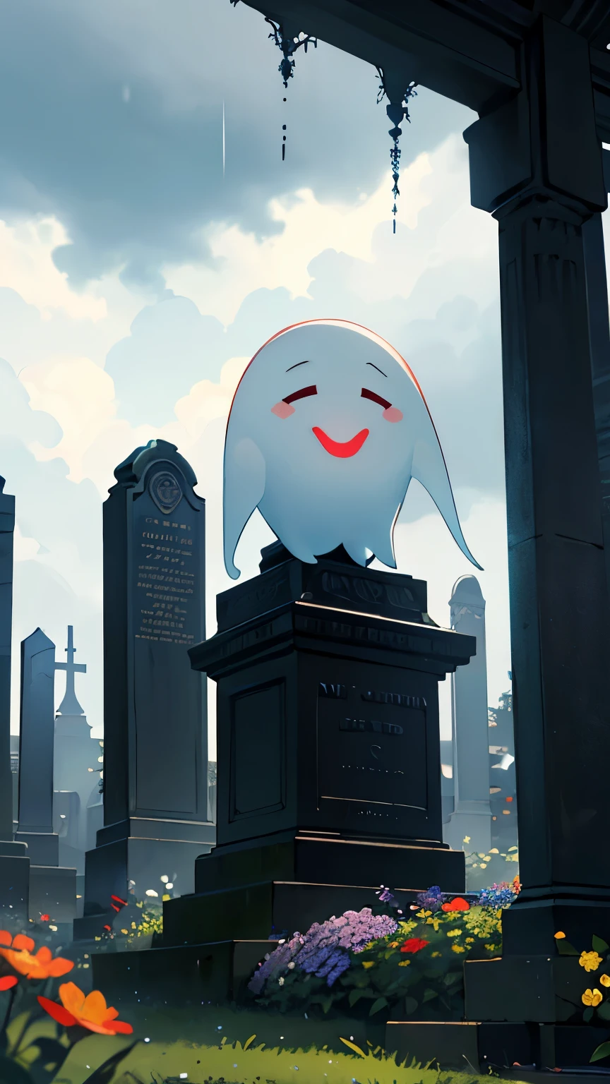 ((best quality)), ((masterpiece)), (detailed), (4K resolution), (high definition), (meticulous detail), (vibrant colour), (HD quality), On a cloudy and rainy day in a graveyard there is a small offering flowers to a translucent ghost with wings