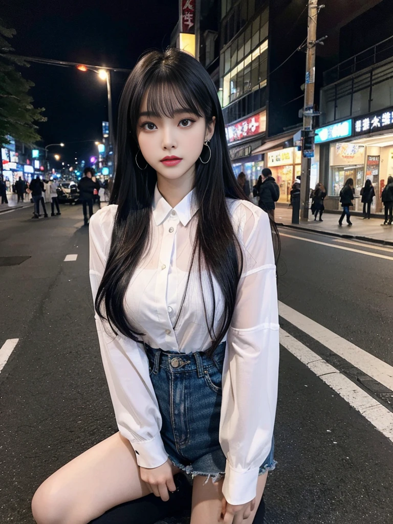 highest quality, masterpiece, shape, Realistic, photo-Realistic, wonderful, finely, Very detailed, High resolution, Very detailed, unity 8k wallpaper, Full body shot of a beautiful young woman with Korean-style features resembling a popular actress, blouse, Knee-high socks, ((Very small breasts)), thin, She has pink and bluish eyeshadow, bangs, Black Hair, Long Hair, head, look up, night, On the streets of Shibuya, Stand up and look here, Narrow eyes, 細長い目のshape, Three white eyes, Confident expression, Evil look, Very slender and beautiful legs, Beautiful and thin thighs, Earrings