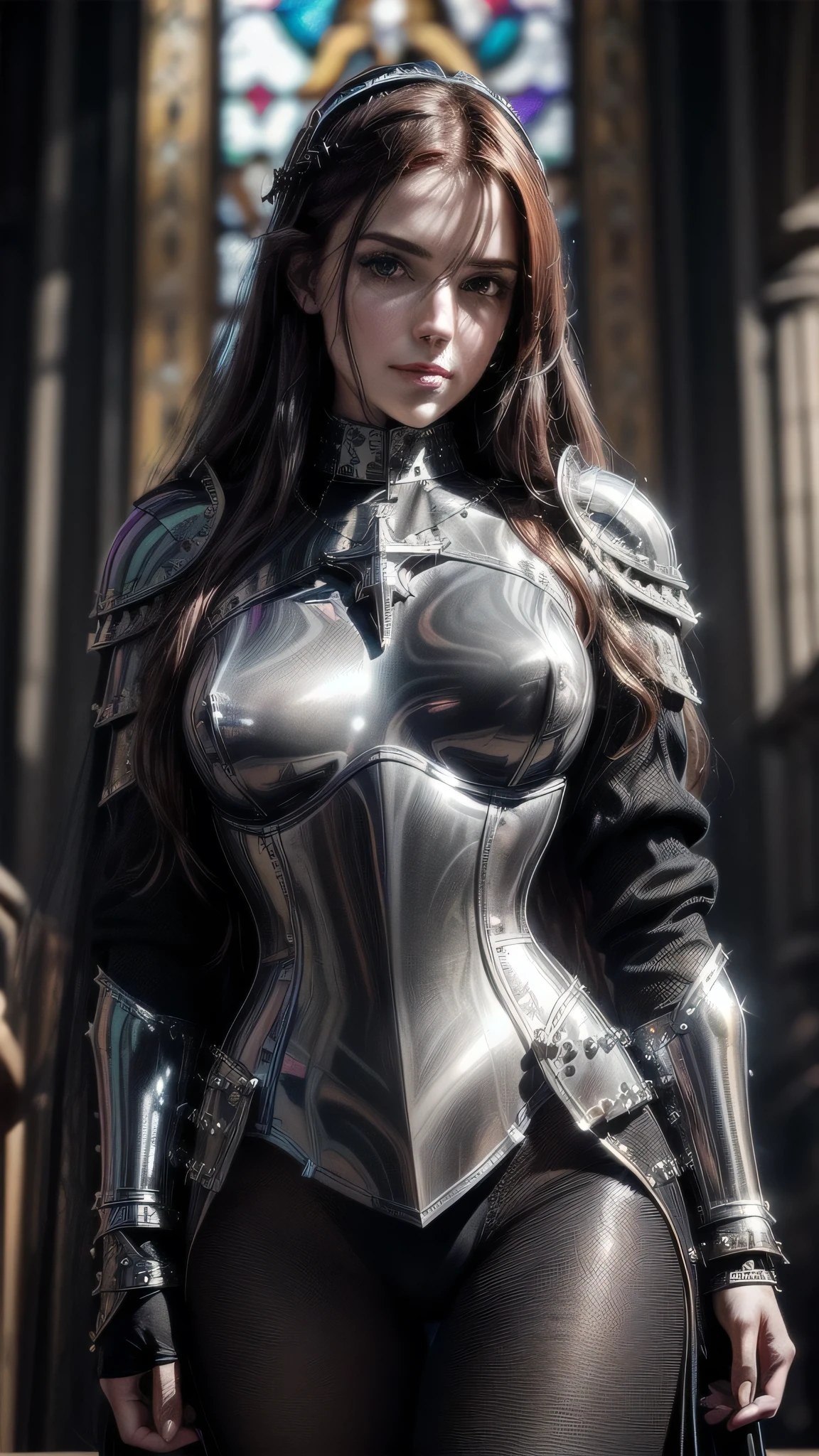 (masterpiece), (extremely intricate:1.3), (realistic), portrait woman (((medieval paladin, (((lacquered reflective iridescent black armor:1.7, cleric, holy symbol, chrome rivets, deadly, [flat chest:medium breasts:0.8])), photorealistic, hyper-realistic, smiling, wind blown blowing straight long [dark hair:ginger hair:0.5]), tattoo:0.9)), indoor, stained glass, medieval church, intense sunlight, professional photograph of a stunning woman detailed), ((dynamic pose)), sharp focus, dramatic, award winning, cinematic lighting, volumetrics dtx, (film grain, blurry background, blurry foreground, bokeh, depth of field, interaction), 8K