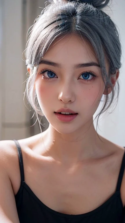 A sexy beautiful student girl,, big breasts, grey hair colours, short hair tied up, upper body, blush, beauty spot on cheek,  blue eyes like a vampire, rabbit tooth, his teeth are visible